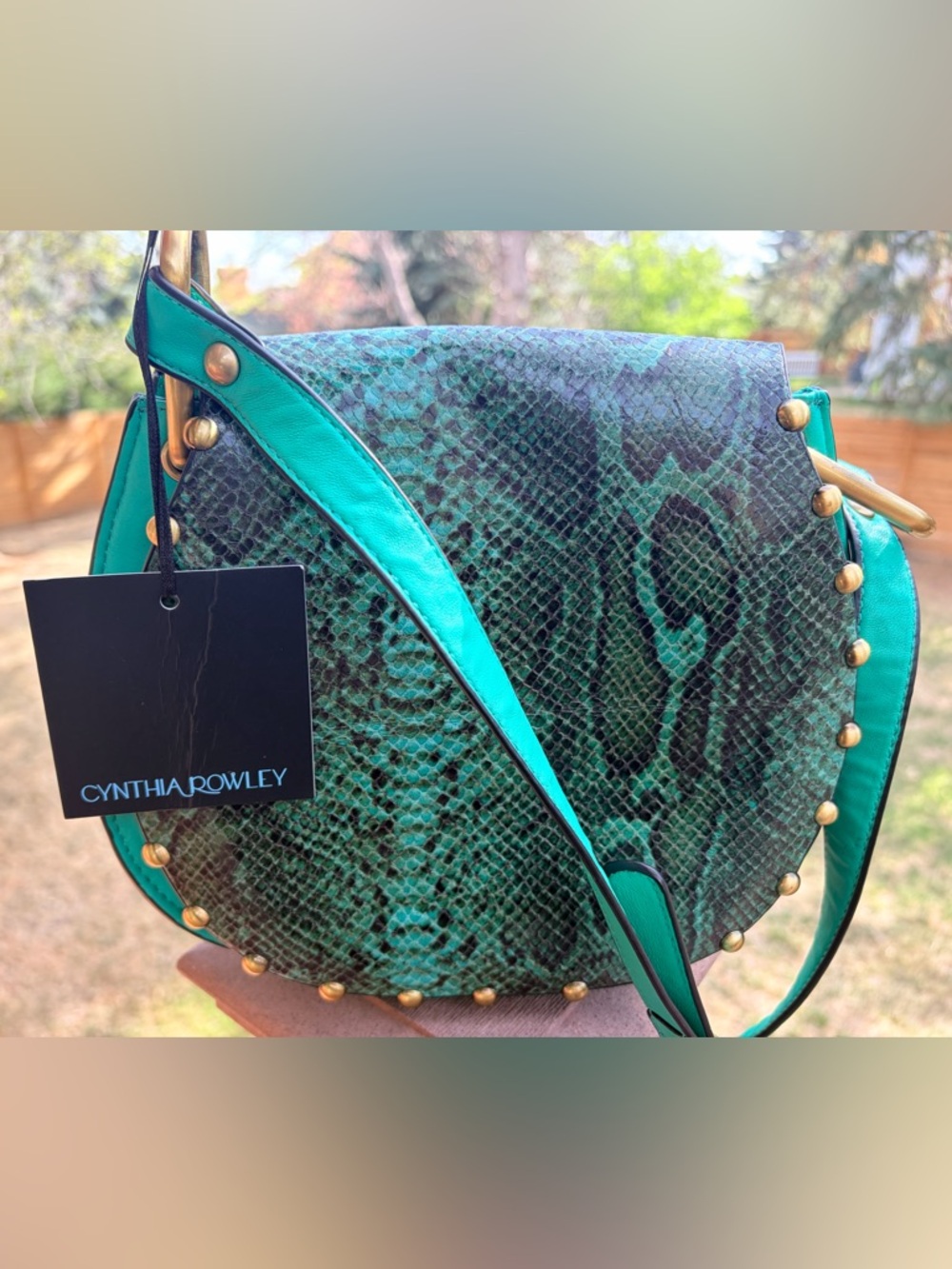 Cynthia Rowley Turquoise Green Snake-Embossed Shoulder Bag with Gold Studs